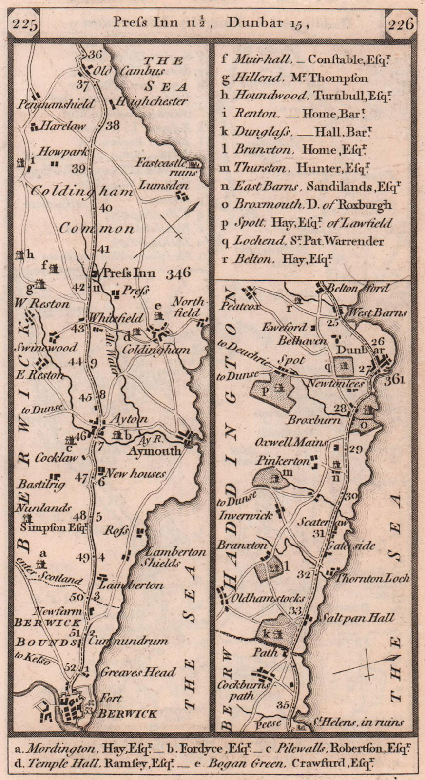 Berwick - Eyemouth - Cocksburnspath - Dunbar road strip map PATERSON 1803